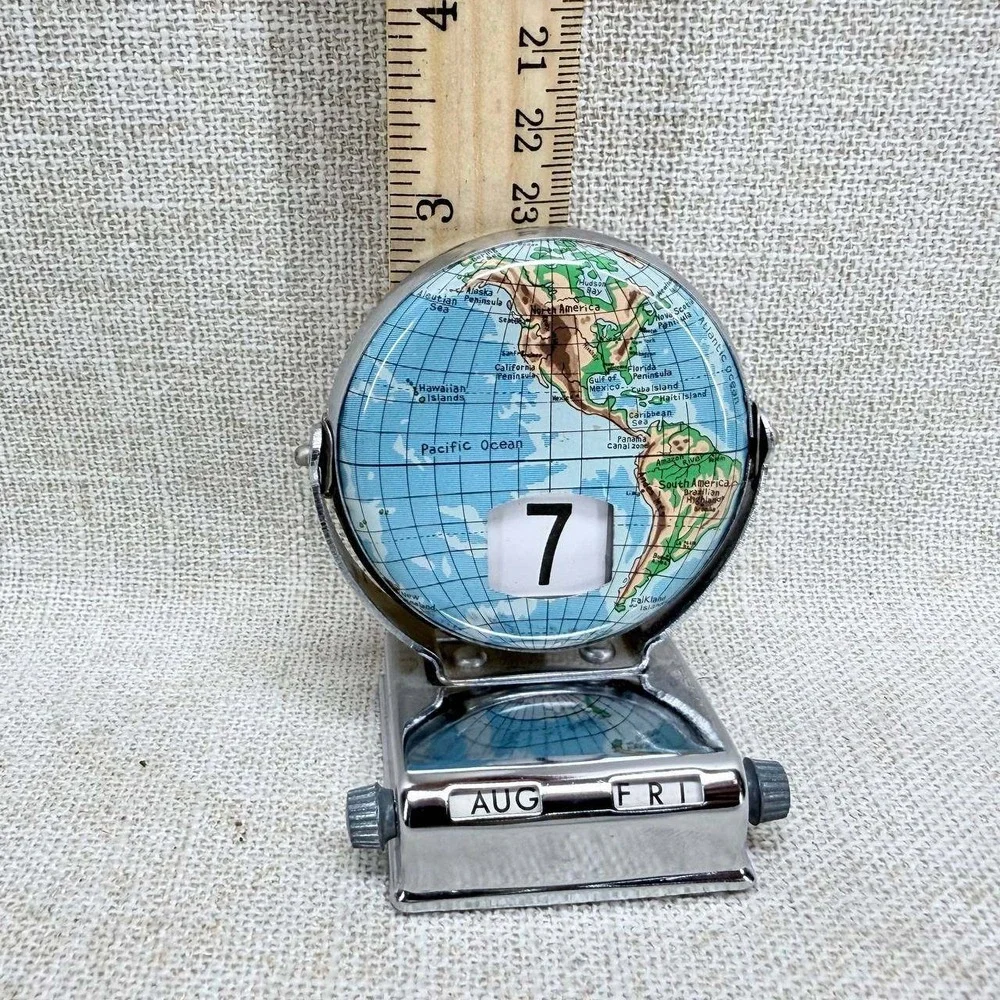 Vintage Japan Chrome Globe Perpetual Desk Calendar Mid Century Office Decor